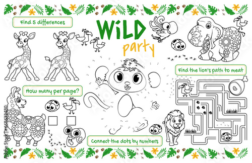 Festive placemat for children. Print out the "Wild Party" sheet with a labyrinth, connect the dots, and find the differences. 17x11 inch printable vector file