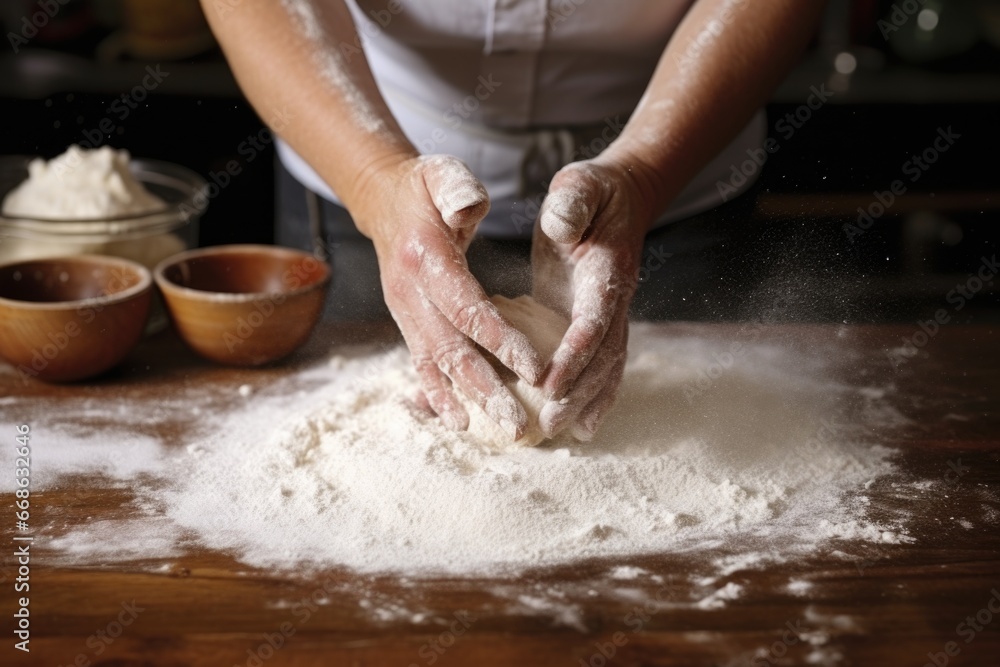 Fototapeta premium shots of hands kneading dough in a bakery, flour dusted on wooden table