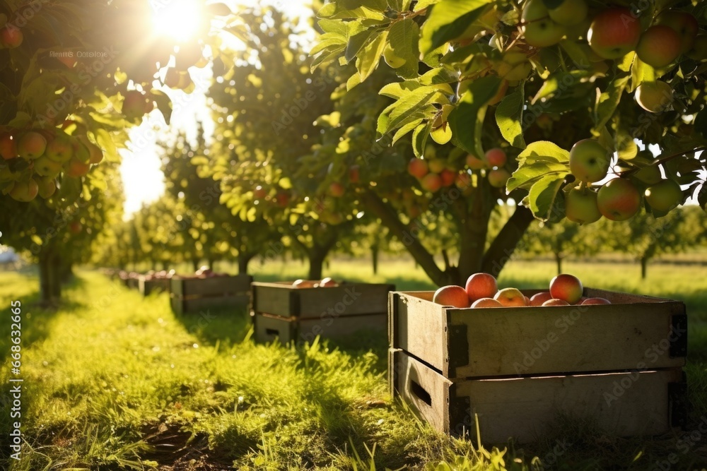 crates of freshly picked apples in a sunlit apple orchard