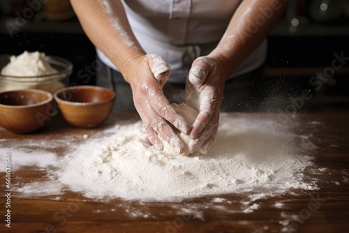 shots of hands kneading dough in a bakery, flour dusted on wooden table