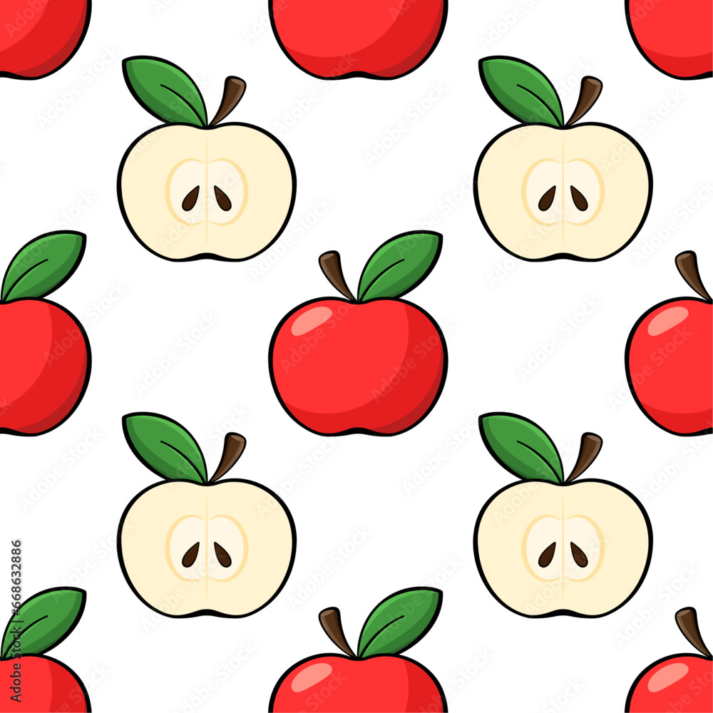 Apples vector seamless pattern. Red apples and cut slices with seeds on white background. Best for textile, wallpapers, home decoration, wrapping paper, package and your design.