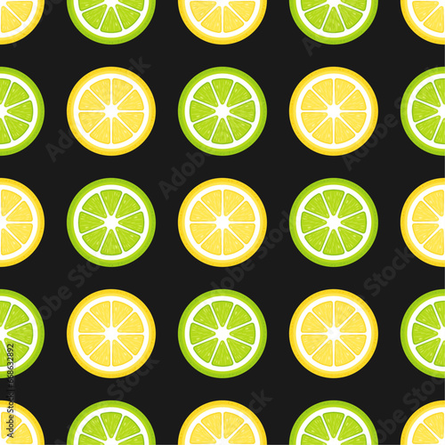 Slices of lemon and lime on black background. Vector seamless pattern. Best for textile, wallpapers, kitchen decoration, wrapping paper, package and your design.