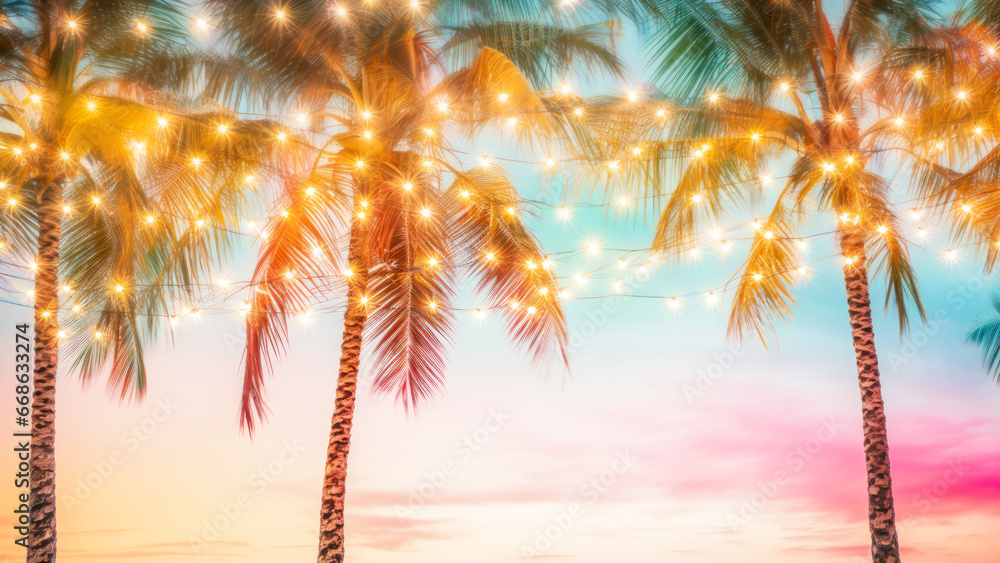 Fototapeta premium Holiday background of tropical palm trees illuminated by string lights against sunset gradient sky, evoking warm, festive and magical atmosphere of serene evening. Concept of resort and vacation