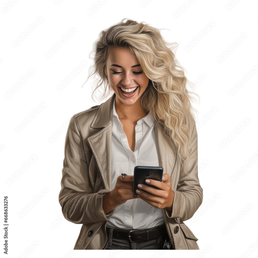 woman blonde smiling and looking at her iphone isolated on transparent background woman blonde smiling and looking at her iphone isolated on transparent background