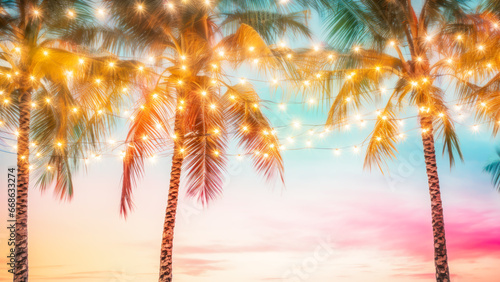 Holiday background of tropical palm trees illuminated by string lights against sunset gradient sky  evoking warm  festive and magical atmosphere of serene evening. Concept of resort and vacation