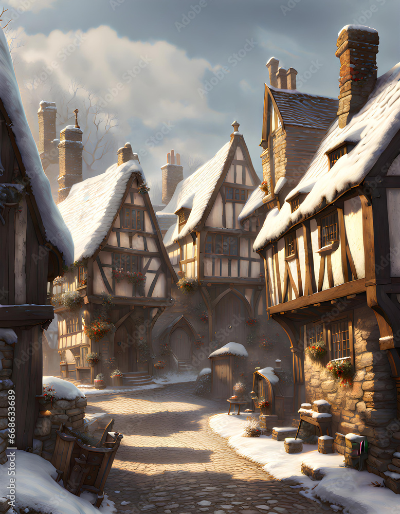 Obraz premium medieval town street in winter with ancient houses covered in snow
