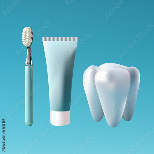 Toothbrush, toothbrush and toothpaste on a bare background. 3D objects. Vector.