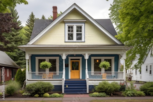 dutch colonial house with a front-facing gable and detailed trimmings © altitudevisual