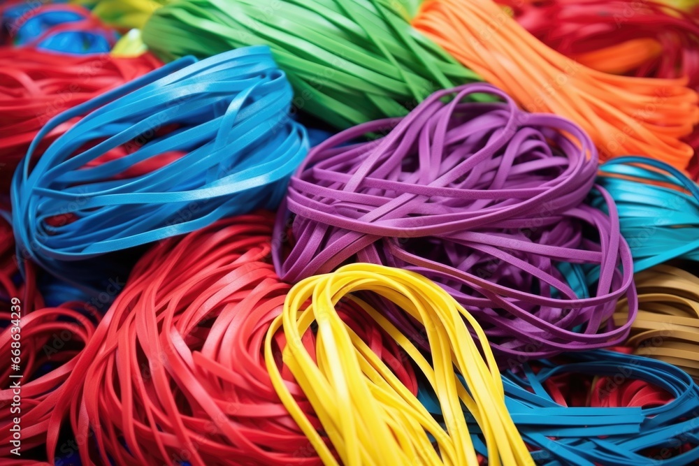 piles of newly produced multicolored elastic bands