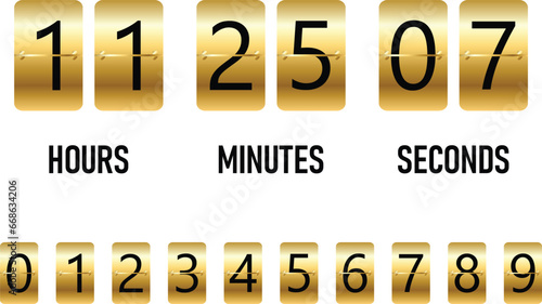 Gold Flip clock showing how much time hours, minutes and seconds. Vector illustration