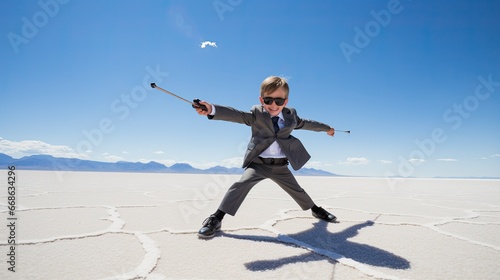 A young boy dressed in business suit, glasses and tie holds shoots a bow and arrow towards a target on the Bonneville Salt Flats in Utah.
