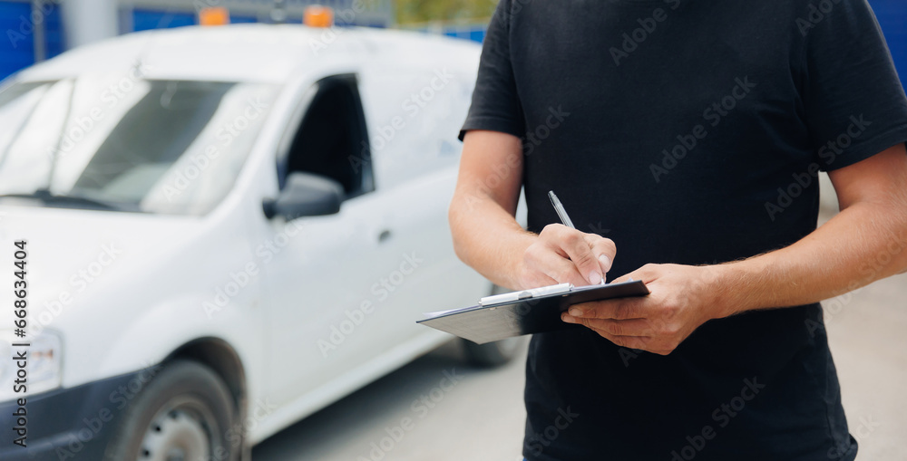 Delivery man checking products with checklist on background van car, banner logistics service