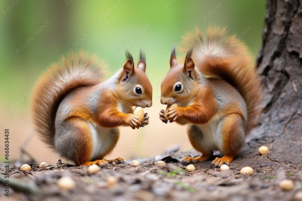two squirrels eating a nut together two squirrels eating a nut together