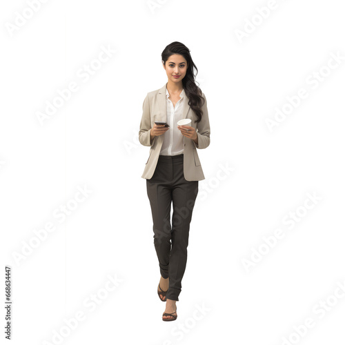 full body business woman asia walking on phone isolated on transparent background