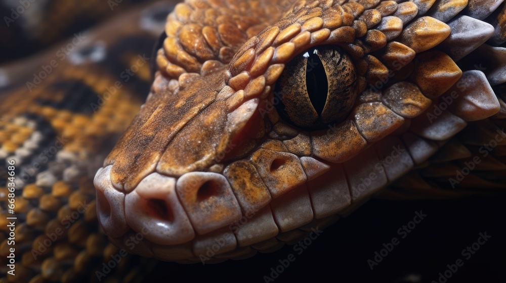 Fototapeta premium Snake close up macro. Snake eye close up macro. Beautiful dangerous snake 3D wallpaper, studio shooting. Brown snake. Generative ai.