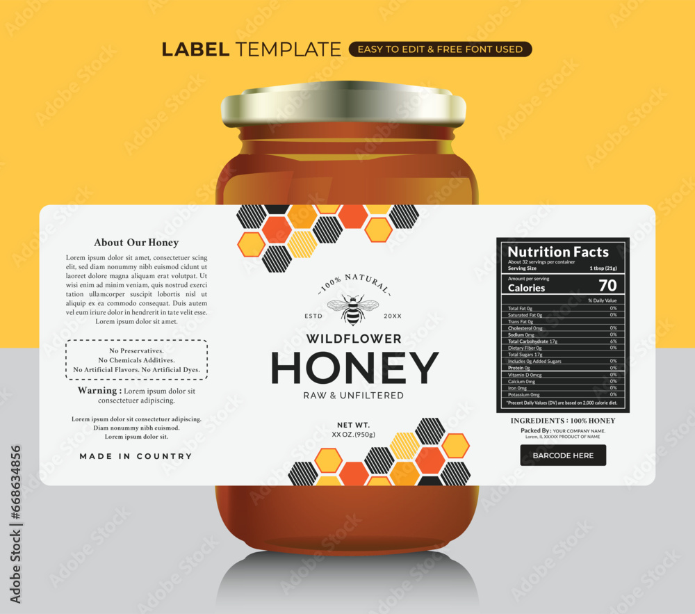 Food Labels Background Honey design and honey label design with product packaging jar banner ...