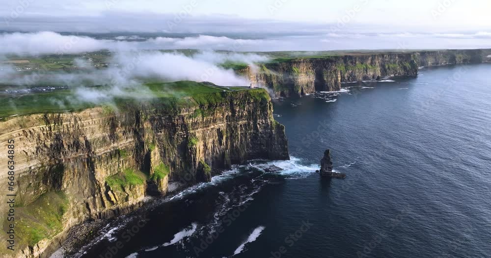 Cliffs of Moher off the west coast of Ireland shrouded in low clouds in 4k Cliffs of Moher off the west coast of Ireland shrouded in low clouds in 4k