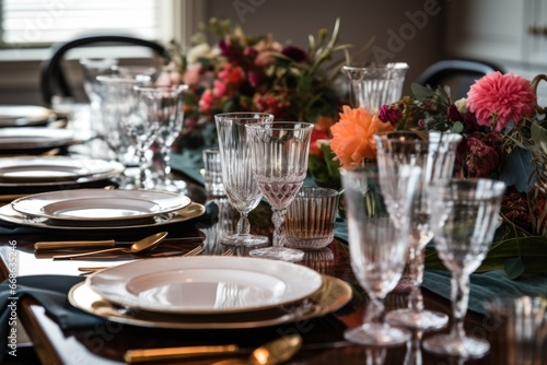 a table setup featuring several plates, glasses, and silverware sets