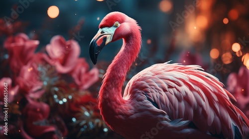 Banner background leaves with flamingo bird. Generative AI.