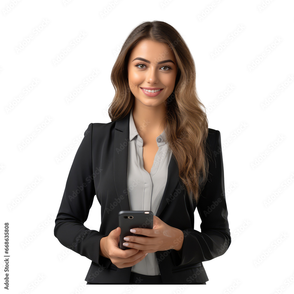 young and beautiful western female in a chic business attire, holding one smartphone with a delighted expression isolated on transparent background young and beautiful western female in a chic business attire, holding one smartphone with a delighted expression isolated on transparent background
