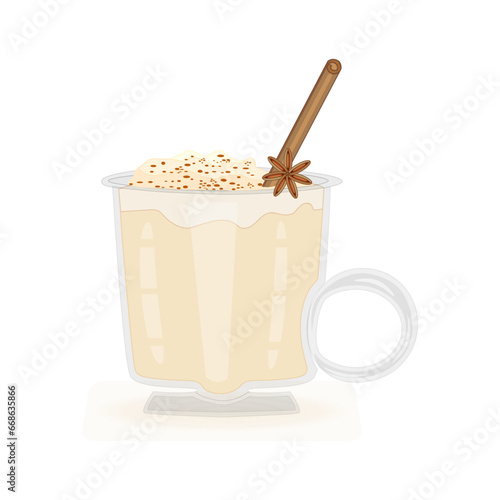 Glass of eggnog on white background. Beverage eggnog in cup with cinnamon straw and anise star.Christmas or sweet winter drink in mug.Xmas egg milk punch.New year homemade cocktail.Vector illustration