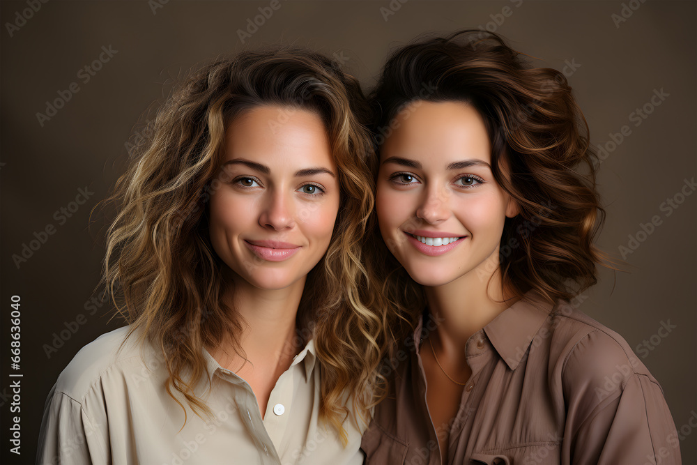 Lovable caucasian girls expressing positive emotions to camera. Outdoor photo of refined sisters posing on sky background. Lovable caucasian girls expressing positive emotions to camera. Outdoor photo of refined sisters posing on sky background.