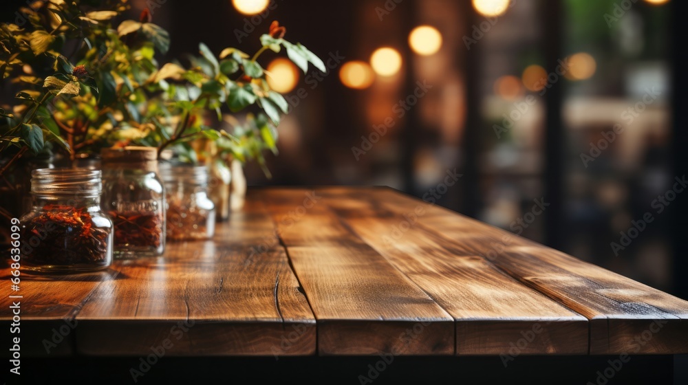 Beautiful empty brown wooden table top. Generative AI. Beautiful empty brown wooden table top. Generative AI.