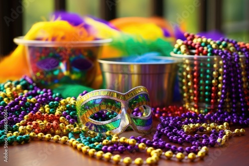 mardi gras beads and masks on a table