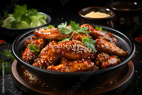 Baked chicken wings with sesame and sauce. Food background with copy space.