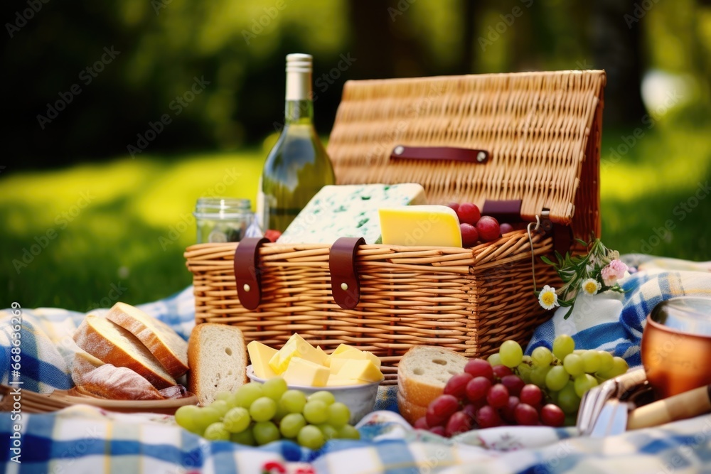 a picnic basket filled with food items a picnic basket filled with food items