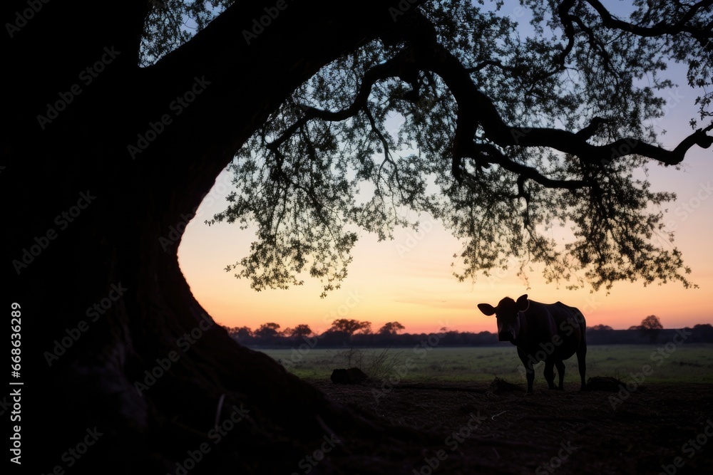 silhouette of a pig under a tree at dusk