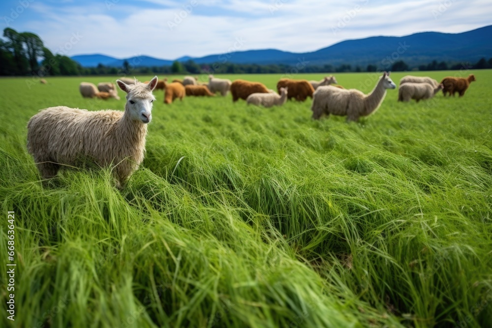 Naklejka premium alpacas grazing on an andean field