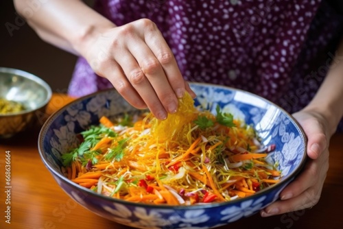 hand garnishing a dish with fermented carrots and ginger