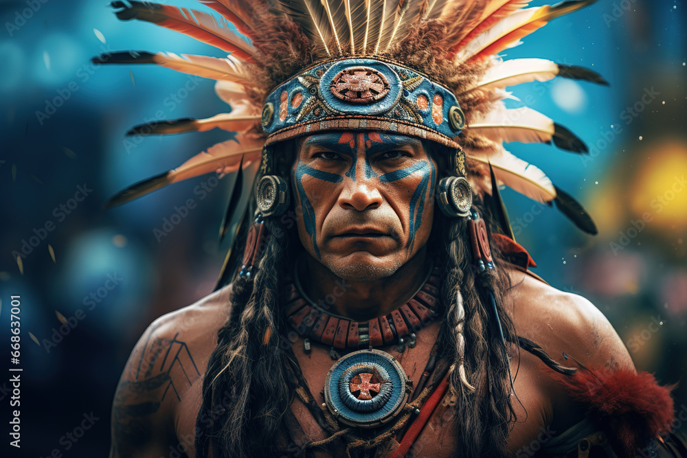 Indian warrior outdoors, rugged man Indian warrior outdoors, rugged man