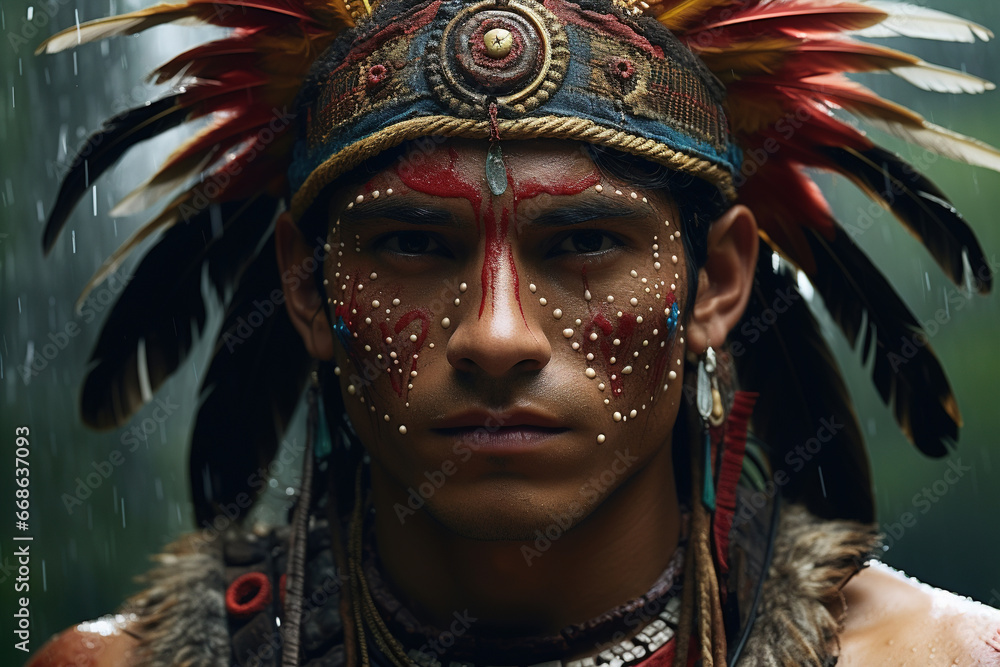 Portrait of a handsome young man Indian of a South American tribe with traditional feathers on his head looking at camera Portrait of a handsome young man Indian of a South American tribe with traditional feathers on his head looking at camera
