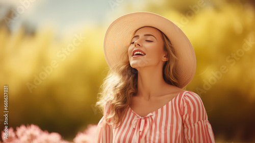 young beautiful woman in a hat and dress with closed eyes breathes air in nature, summer, breathing, girl, health, fashion, vacation, park, walk, weekend, sun, skin, joy