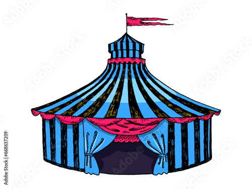 Circus tent engraving sketch style hand drawn color vector illustration. Scratch board style imitation. Hand drawn image.