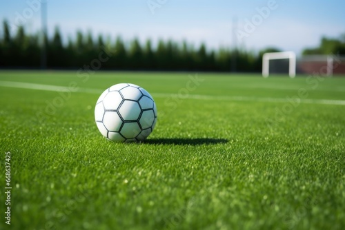 a football on a green field with white boundary markings