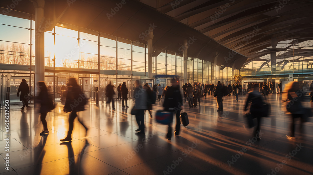 departure terminal at sunset, crowd of people motion blur long exposure