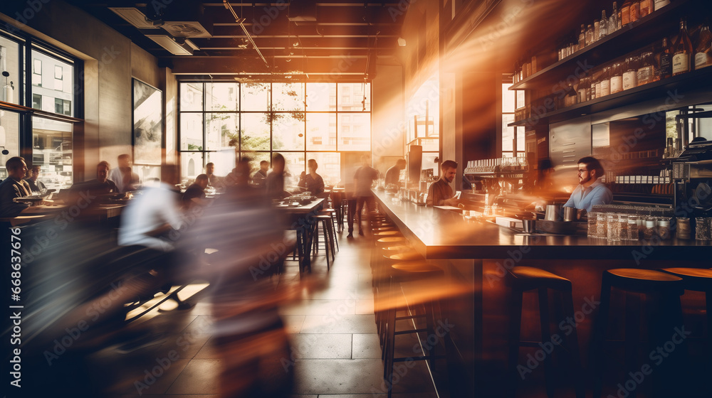 hipster loft modern bar cafe with people blurred motion, vibes and atmosphere