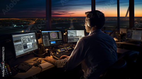 confident dispatcher works in the control tower and monitors the operation of the airport, in the evening, air traffic control photo