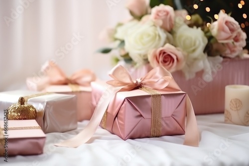decorative wedding presents on a table with floral arrangement