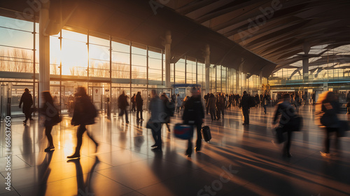 departure terminal at sunset, crowd of people motion blur long exposure