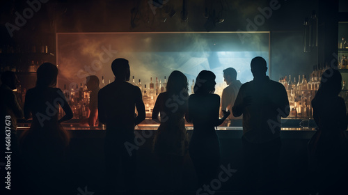 A throng of young people, both men and women, are having a good time in a bar, lit up by bright lights