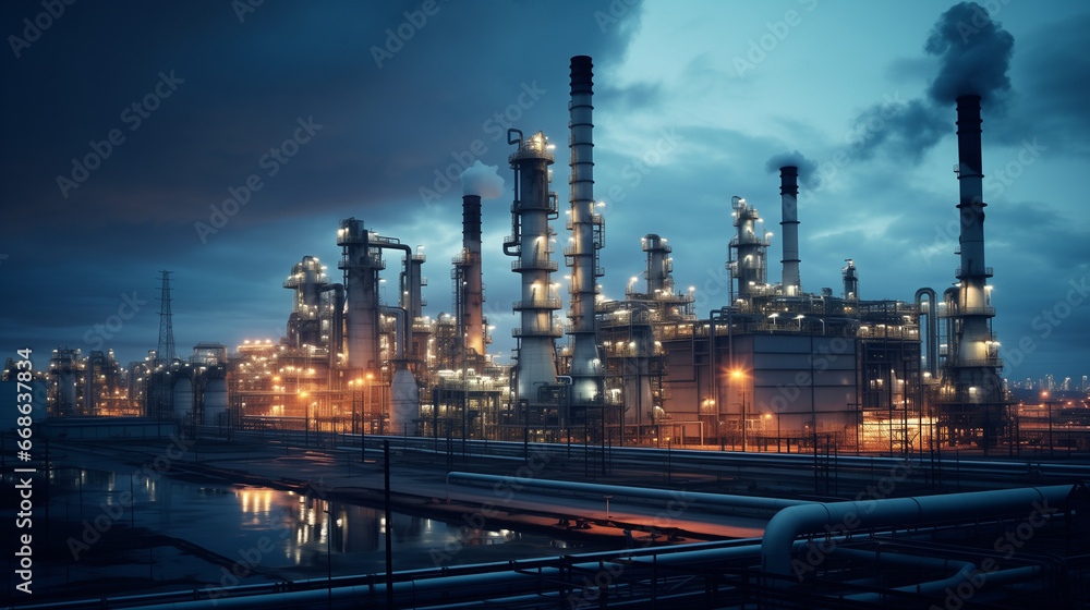 A large, thick pipeline carrying oil or gas stretches into the distance towards a large factory in the evening