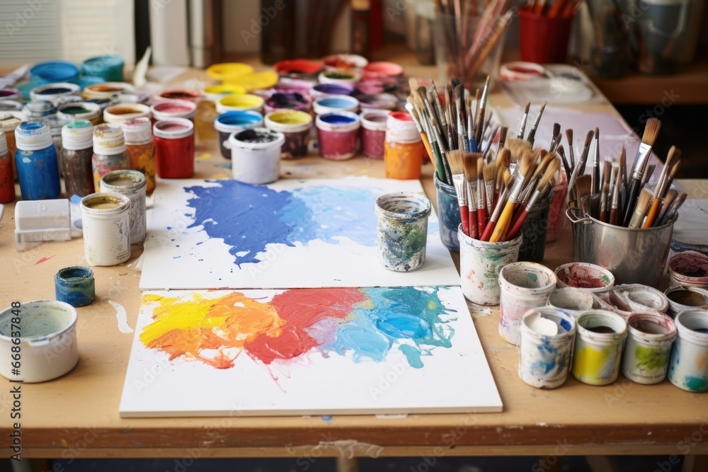 diverse painting supplies laid out on a table diverse painting supplies laid out on a table