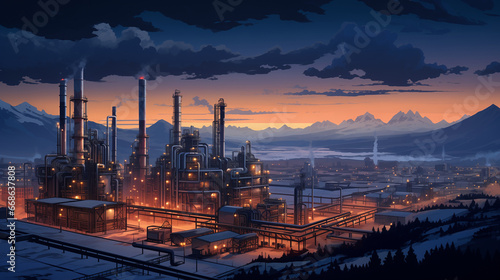 illustration of A large, thick pipeline carrying oil or gas stretches into the distance towards a large factory in the evening