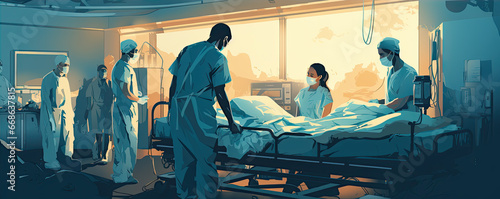 Emergency scene. Medical personal pushing or making surgery patient on gurney in a hospital clinic. illustrative style. photo
