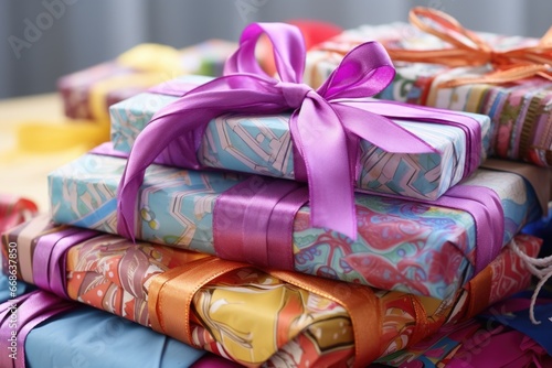 a pile of wrapped gifts topped with decorative ribbons