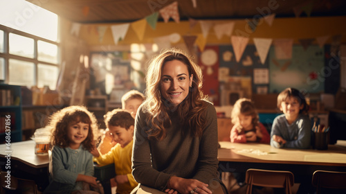 portrait of a kind female Montessori kindergarten teacher in a kindergarten with children, slight smile, candid